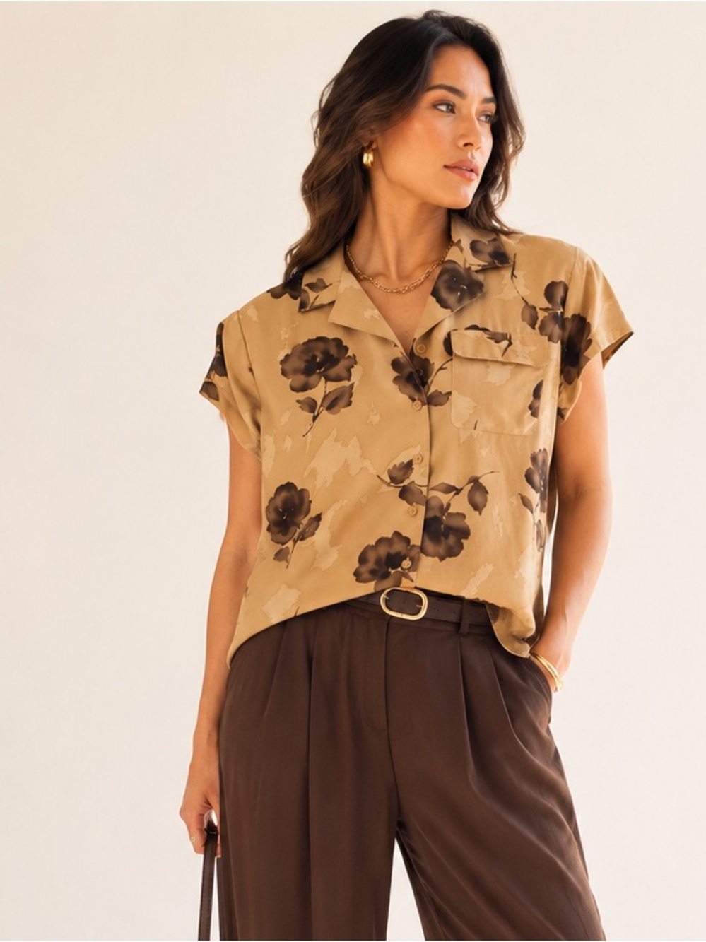 Vintage Silk Floral Blouse Shoulder Pad Watercolor Roses Chocolate Brown Tan 2P